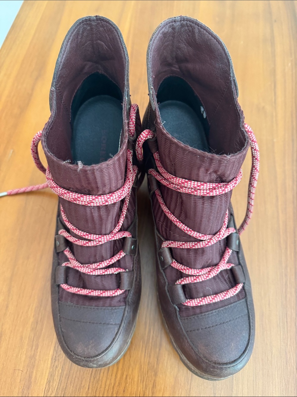 Sorel Women's Dark Brown Winter Wedge Boots with Pink Laces